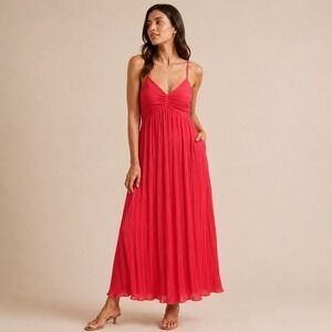 A New Day Red Plisse Maxi Dress Halter Neck Pleated Empire Waist Pockets Medium